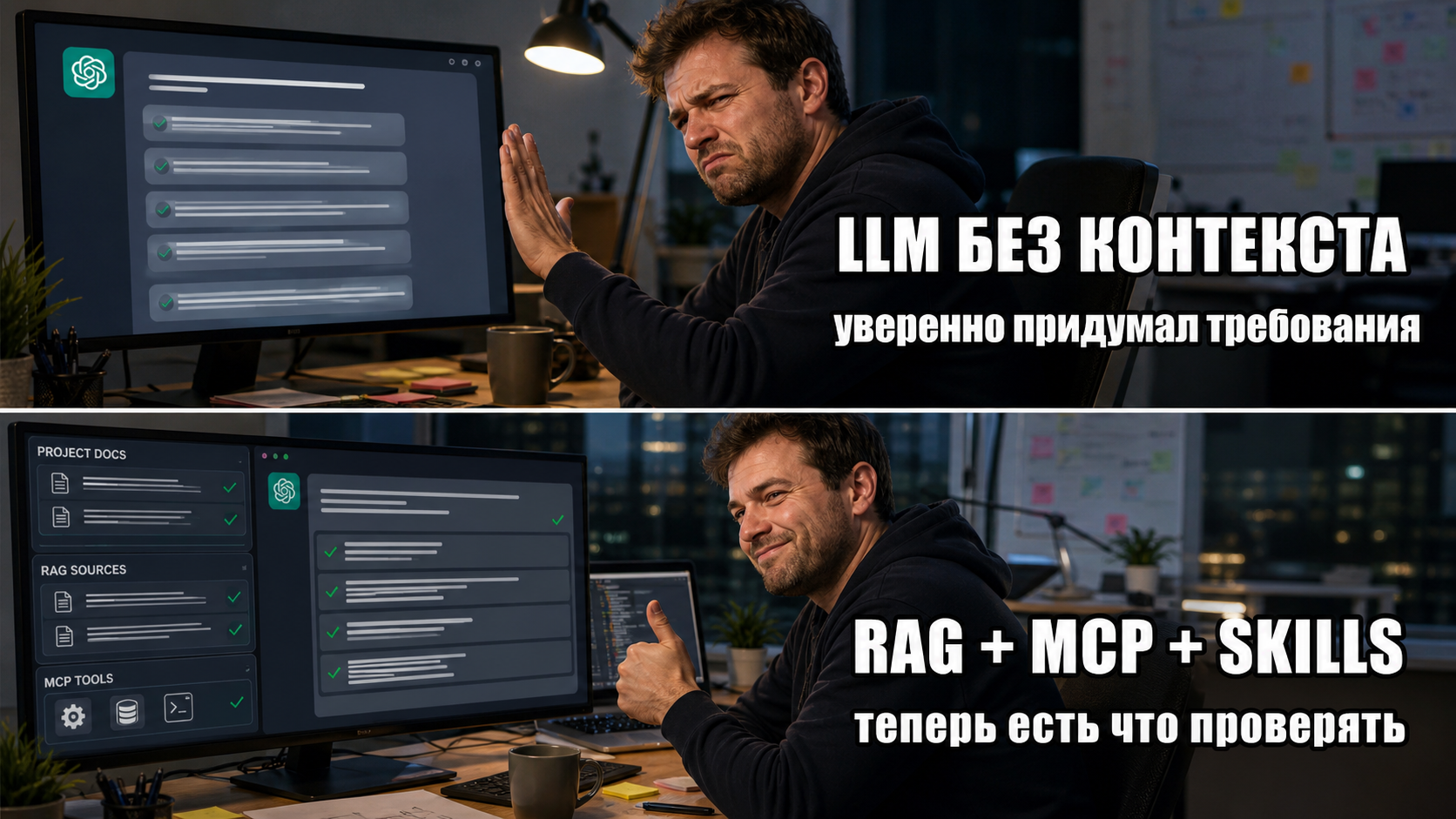 LLM без контекста vs RAG + MCP + Skills