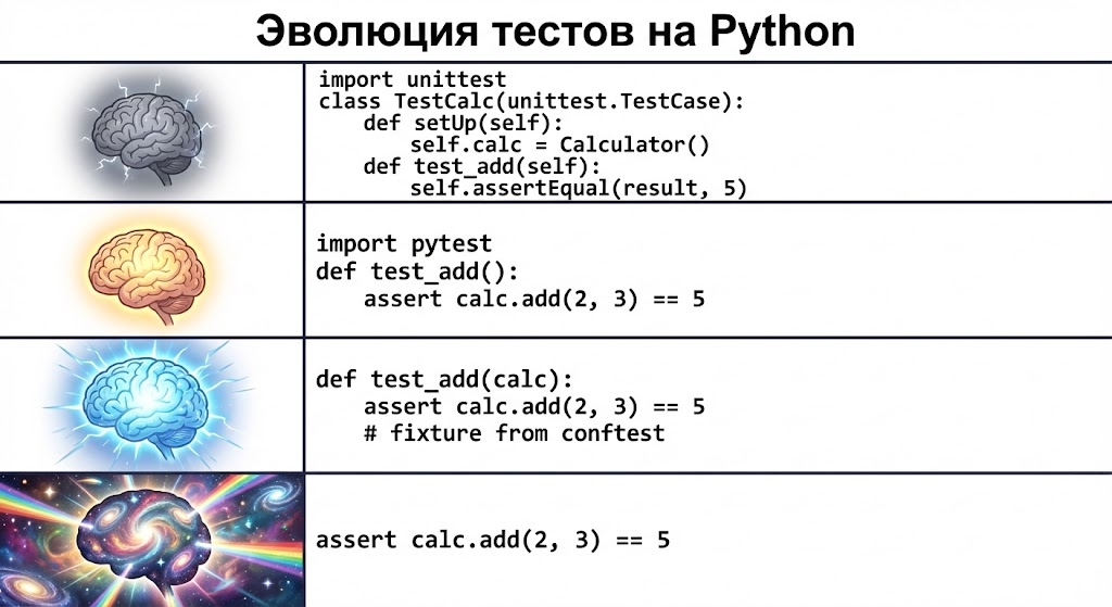 Эволюция тестов на Python: unittest → pytest → фикстура → assert