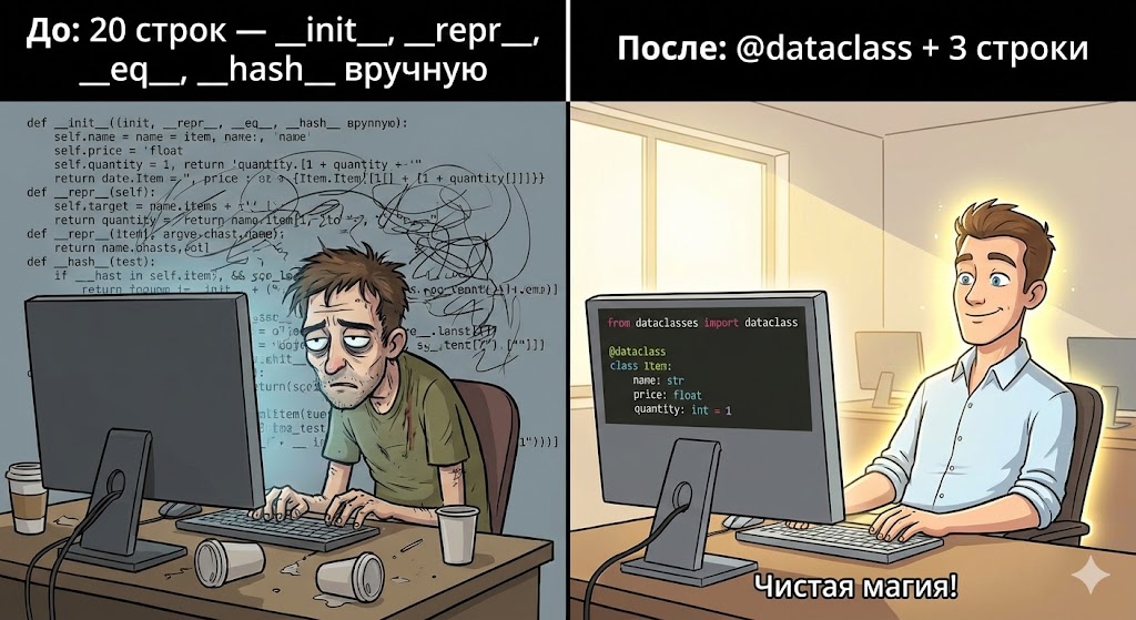 До: 20 строк вручную. После: @dataclass. Чистая магия!